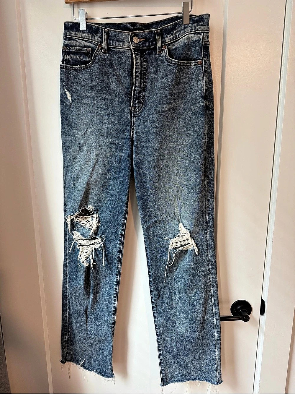 Express Super High Waisted Medium Wash Modern Straight Jeans